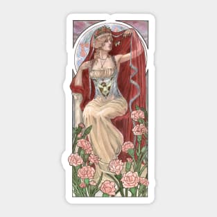 Veiled Lady of January with Pink Carnations and Snowdrop Birth Flower Corset Mucha Inspired Birthstone Series Sticker